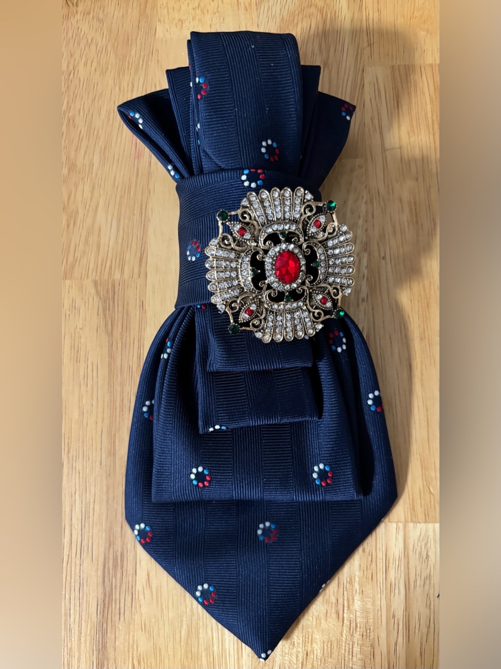 Navy Patterned Necktie Necklace with Decorative Brooch
